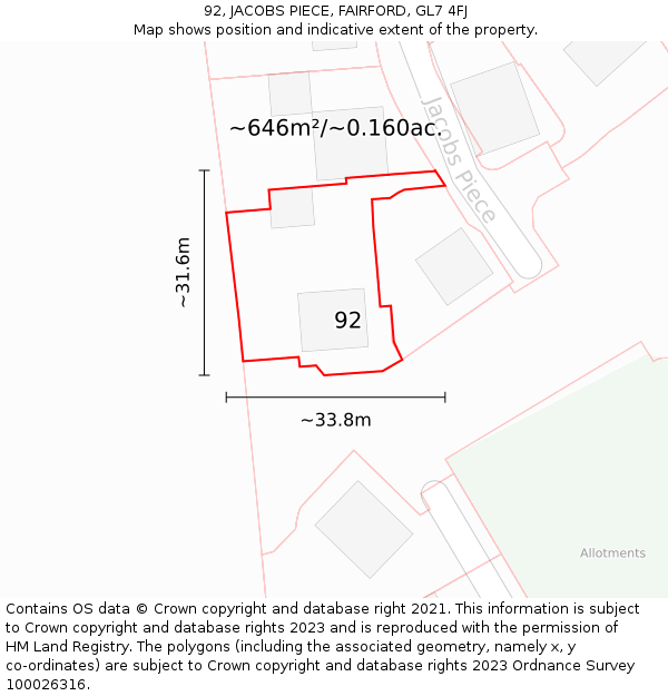 92, JACOBS PIECE, FAIRFORD, GL7 4FJ: Plot and title map