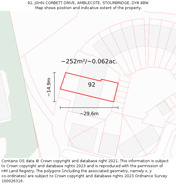 92, JOHN CORBETT DRIVE, AMBLECOTE, STOURBRIDGE, DY8 4BW: Plot and title map
