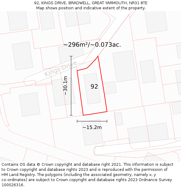 92, KINGS DRIVE, BRADWELL, GREAT YARMOUTH, NR31 8TE: Plot and title map