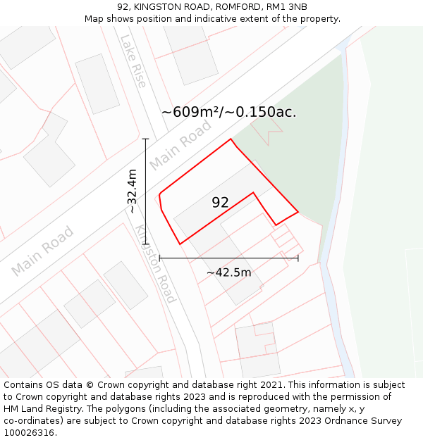 92, KINGSTON ROAD, ROMFORD, RM1 3NB: Plot and title map