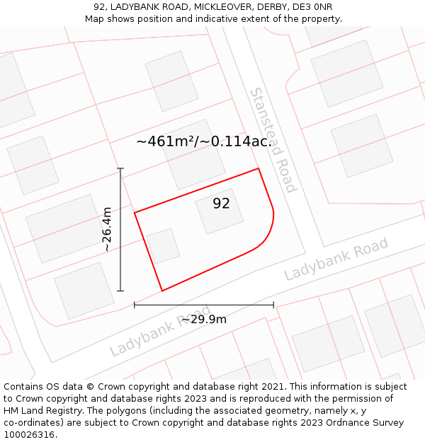 92, LADYBANK ROAD, MICKLEOVER, DERBY, DE3 0NR: Plot and title map