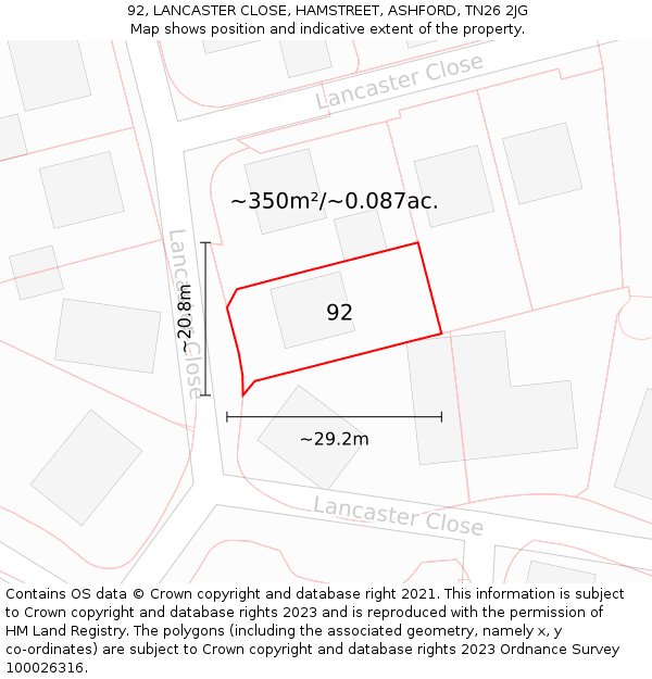 92, LANCASTER CLOSE, HAMSTREET, ASHFORD, TN26 2JG: Plot and title map