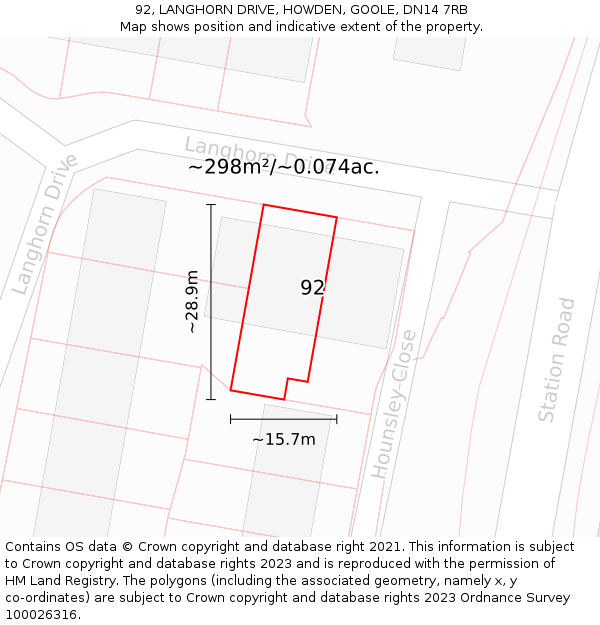 92, LANGHORN DRIVE, HOWDEN, GOOLE, DN14 7RB: Plot and title map