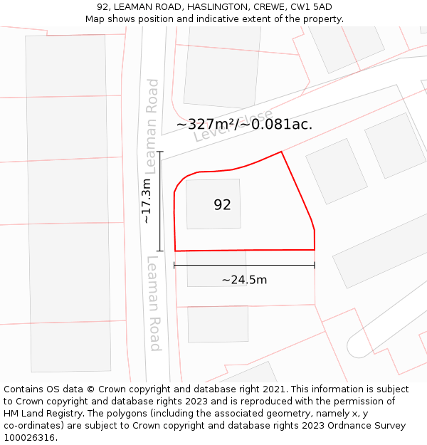 92, LEAMAN ROAD, HASLINGTON, CREWE, CW1 5AD: Plot and title map