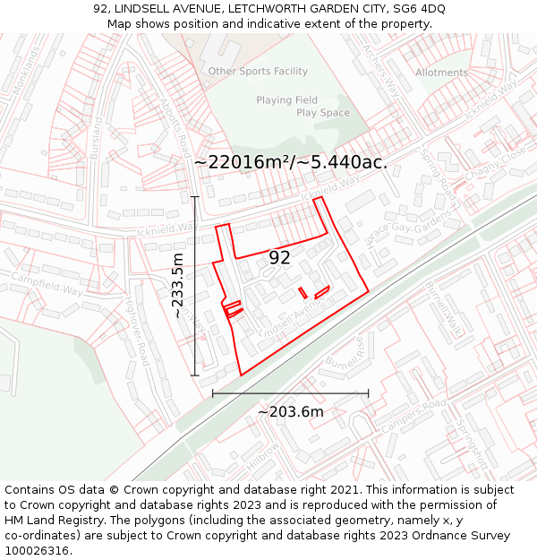 92, LINDSELL AVENUE, LETCHWORTH GARDEN CITY, SG6 4DQ: Plot and title map