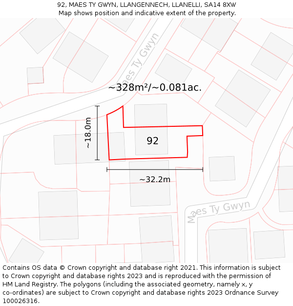 92, MAES TY GWYN, LLANGENNECH, LLANELLI, SA14 8XW: Plot and title map