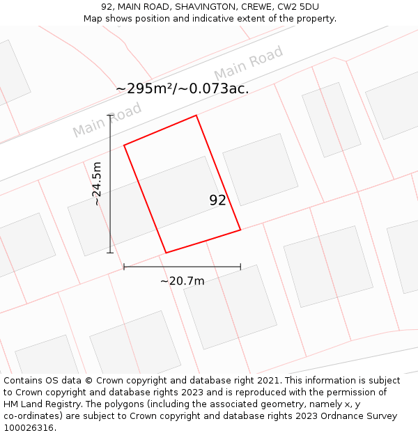 92, MAIN ROAD, SHAVINGTON, CREWE, CW2 5DU: Plot and title map