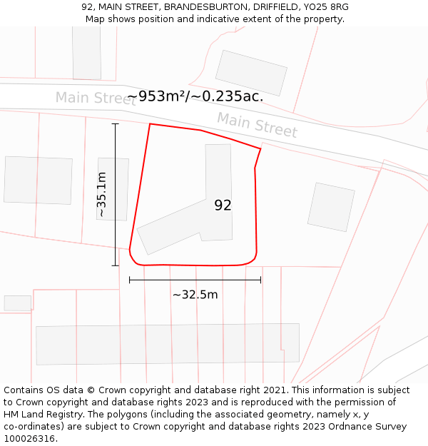 92, MAIN STREET, BRANDESBURTON, DRIFFIELD, YO25 8RG: Plot and title map