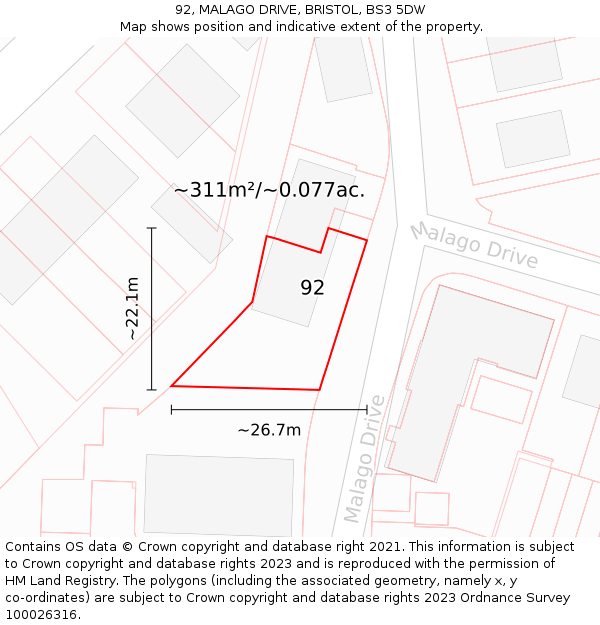 92, MALAGO DRIVE, BRISTOL, BS3 5DW: Plot and title map