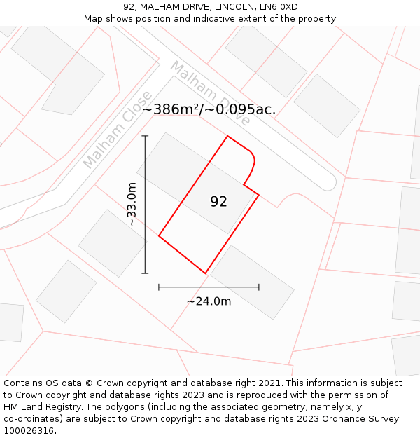92, MALHAM DRIVE, LINCOLN, LN6 0XD: Plot and title map