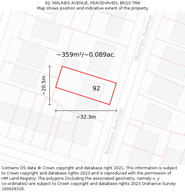 92, MALINES AVENUE, PEACEHAVEN, BN10 7RW: Plot and title map