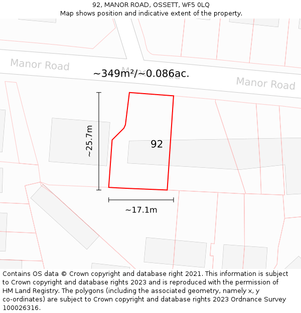 92, MANOR ROAD, OSSETT, WF5 0LQ: Plot and title map