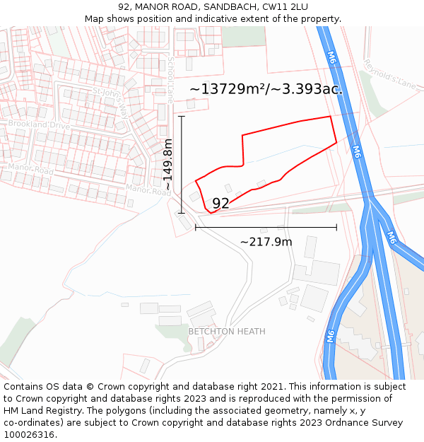 92, MANOR ROAD, SANDBACH, CW11 2LU: Plot and title map