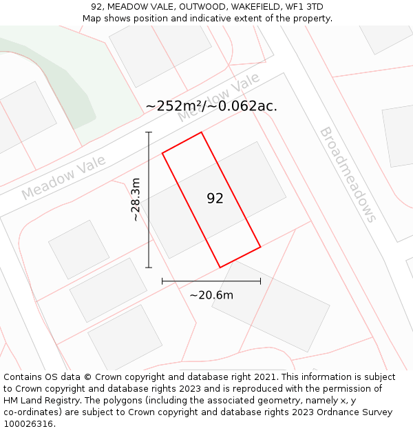 92, MEADOW VALE, OUTWOOD, WAKEFIELD, WF1 3TD: Plot and title map