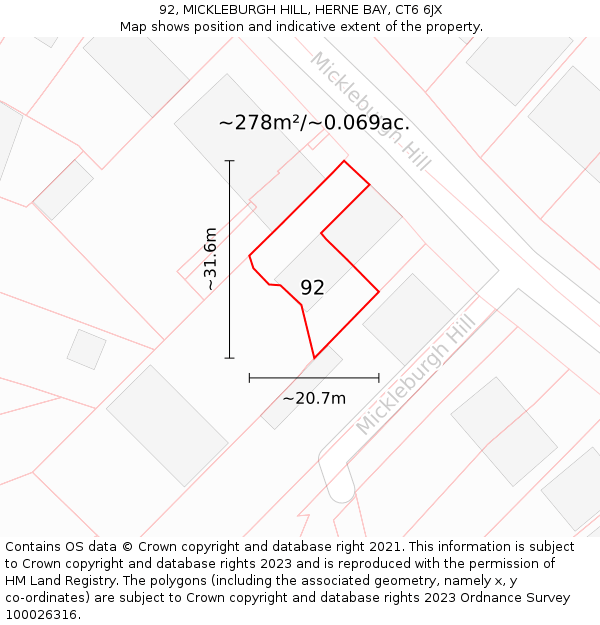 92, MICKLEBURGH HILL, HERNE BAY, CT6 6JX: Plot and title map