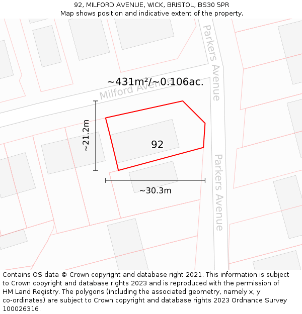 92, MILFORD AVENUE, WICK, BRISTOL, BS30 5PR: Plot and title map