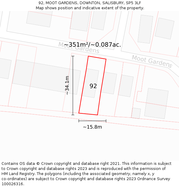 92, MOOT GARDENS, DOWNTON, SALISBURY, SP5 3LF: Plot and title map