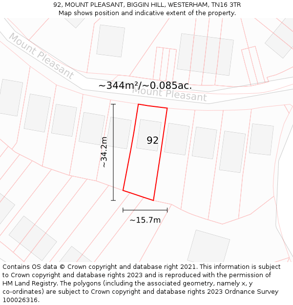 92, MOUNT PLEASANT, BIGGIN HILL, WESTERHAM, TN16 3TR: Plot and title map