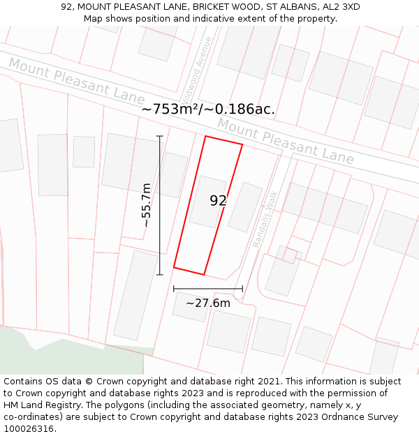 92, MOUNT PLEASANT LANE, BRICKET WOOD, ST ALBANS, AL2 3XD: Plot and title map