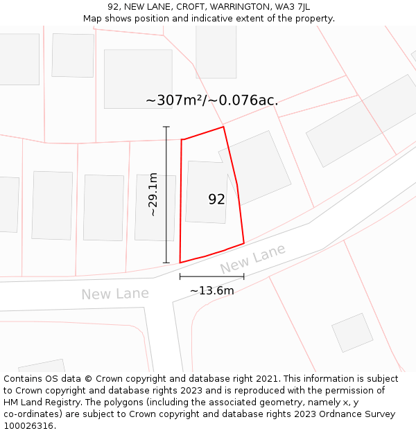 92, NEW LANE, CROFT, WARRINGTON, WA3 7JL: Plot and title map