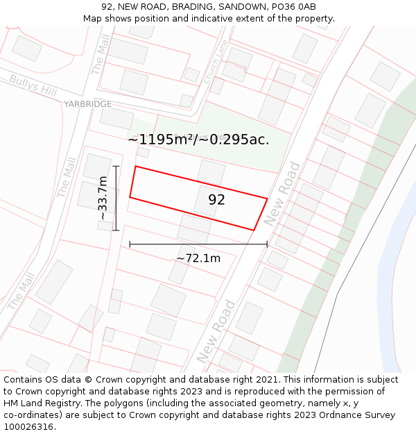 92, NEW ROAD, BRADING, SANDOWN, PO36 0AB: Plot and title map