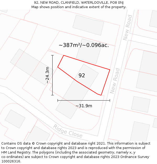 92, NEW ROAD, CLANFIELD, WATERLOOVILLE, PO8 0NJ: Plot and title map