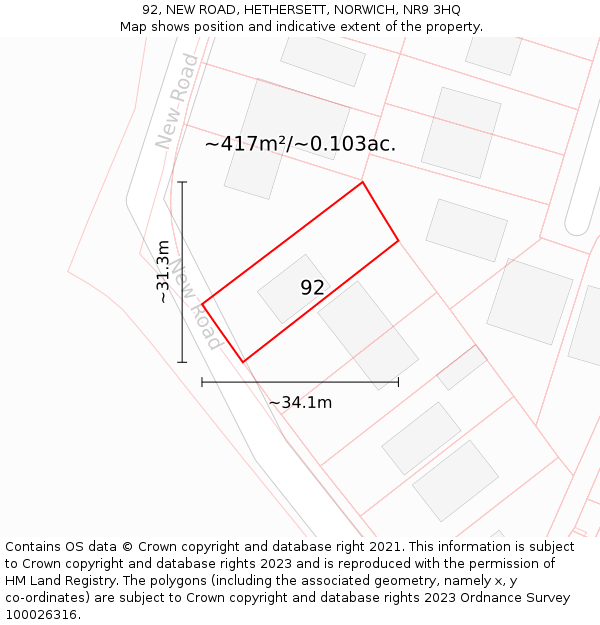 92, NEW ROAD, HETHERSETT, NORWICH, NR9 3HQ: Plot and title map