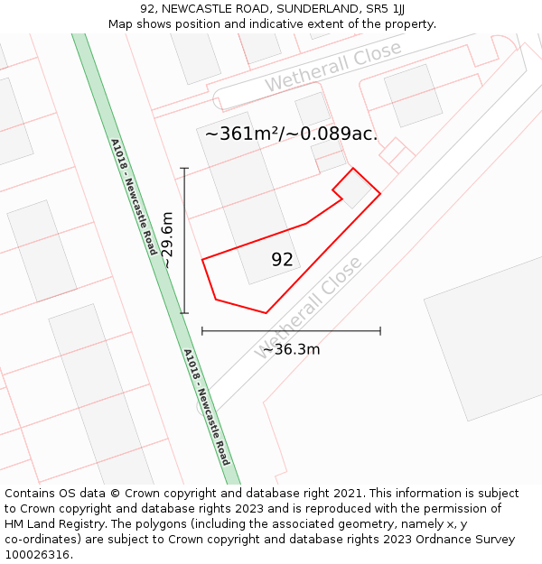 92, NEWCASTLE ROAD, SUNDERLAND, SR5 1JJ: Plot and title map