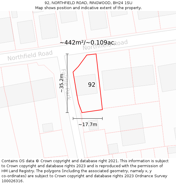 92, NORTHFIELD ROAD, RINGWOOD, BH24 1SU: Plot and title map