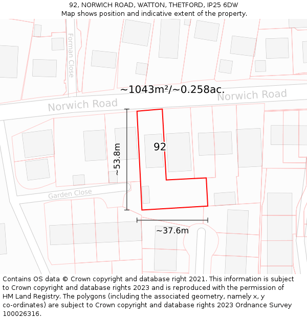 92, NORWICH ROAD, WATTON, THETFORD, IP25 6DW: Plot and title map