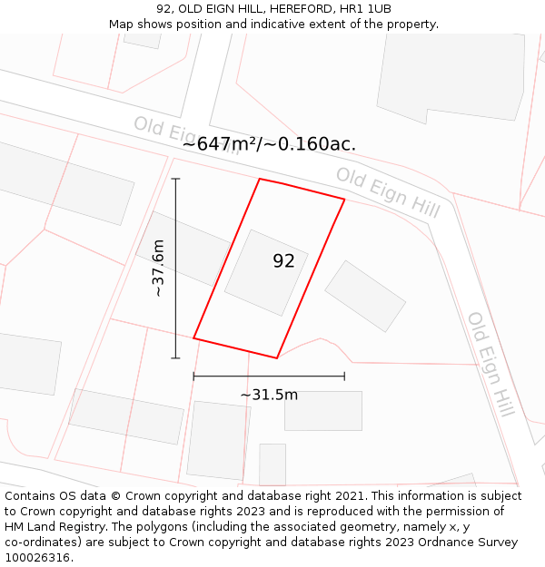 92, OLD EIGN HILL, HEREFORD, HR1 1UB: Plot and title map