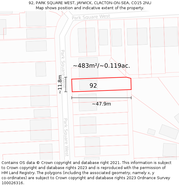 92, PARK SQUARE WEST, JAYWICK, CLACTON-ON-SEA, CO15 2NU: Plot and title map