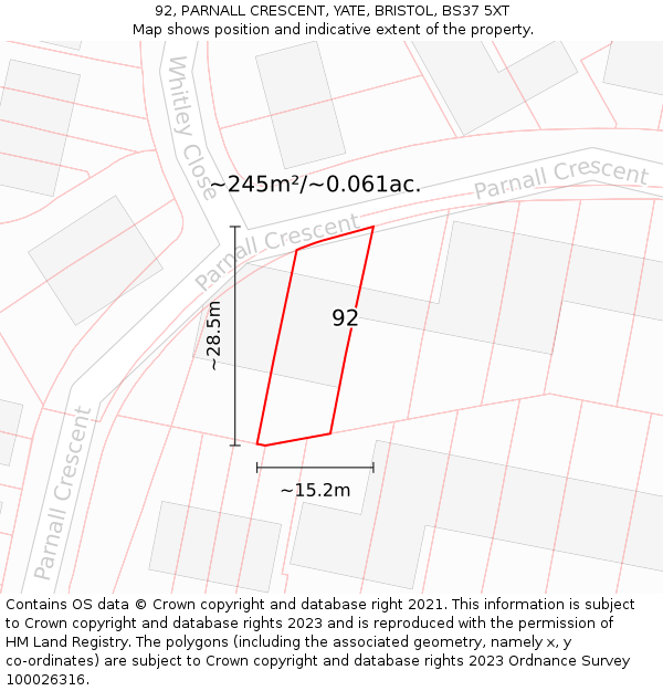 92, PARNALL CRESCENT, YATE, BRISTOL, BS37 5XT: Plot and title map