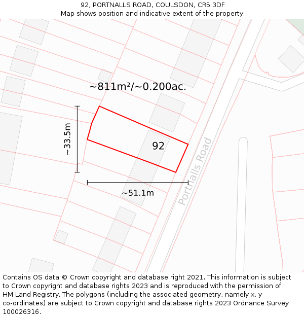 92, PORTNALLS ROAD, COULSDON, CR5 3DF: Plot and title map