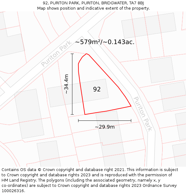 92, PURITON PARK, PURITON, BRIDGWATER, TA7 8BJ: Plot and title map