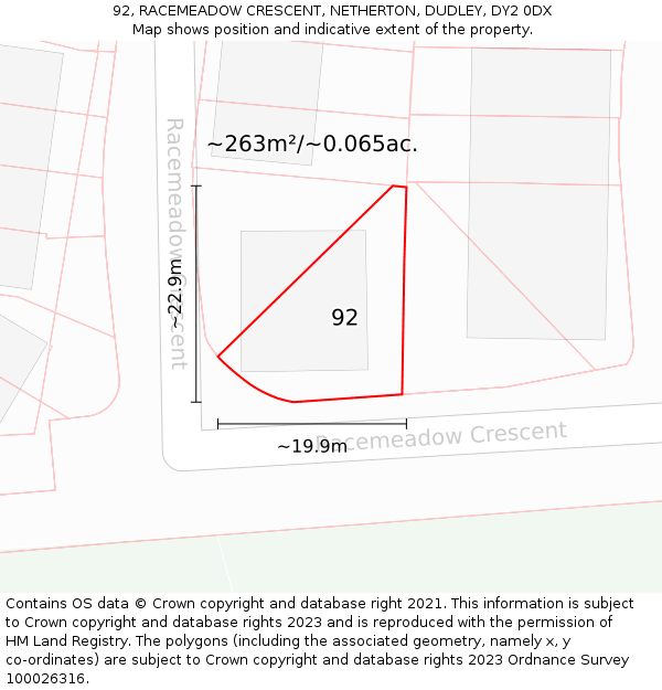 92, RACEMEADOW CRESCENT, NETHERTON, DUDLEY, DY2 0DX: Plot and title map