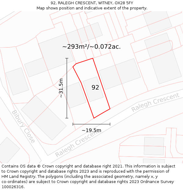 92, RALEGH CRESCENT, WITNEY, OX28 5FY: Plot and title map