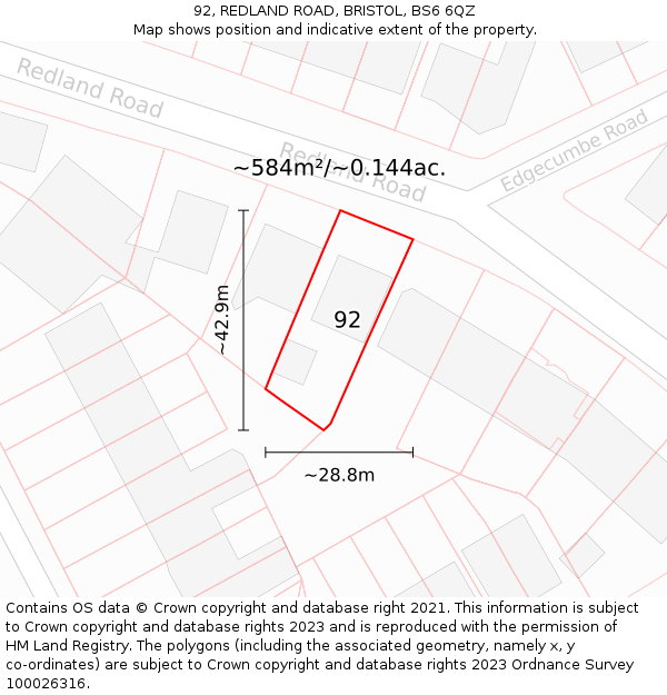 92, REDLAND ROAD, BRISTOL, BS6 6QZ: Plot and title map