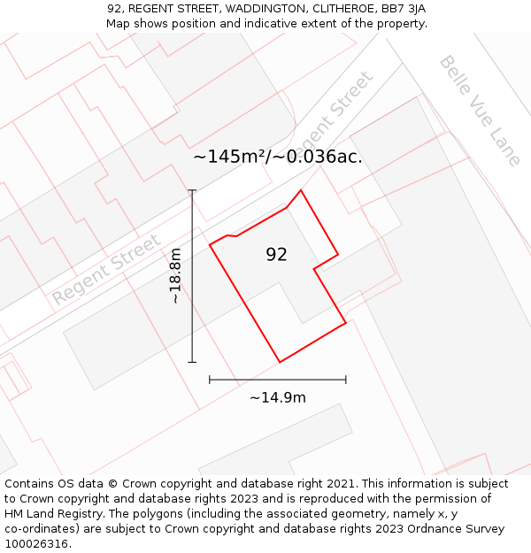 92, REGENT STREET, WADDINGTON, CLITHEROE, BB7 3JA: Plot and title map