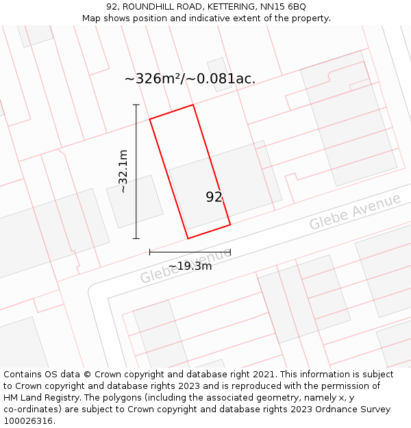 92, ROUNDHILL ROAD, KETTERING, NN15 6BQ: Plot and title map