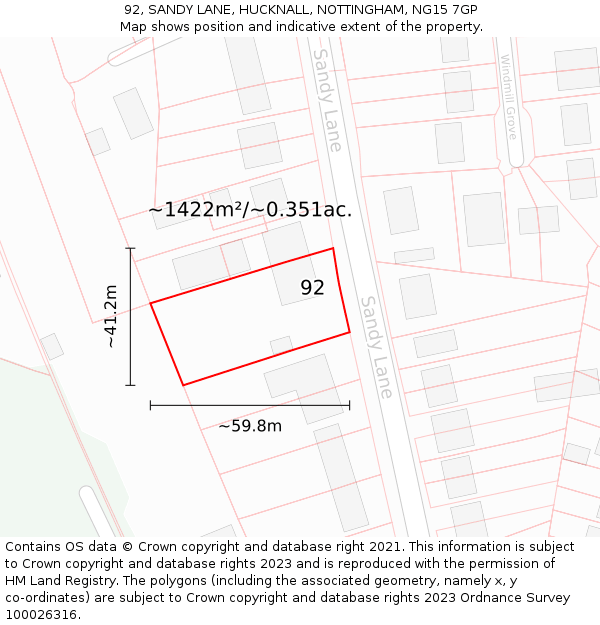 92, SANDY LANE, HUCKNALL, NOTTINGHAM, NG15 7GP: Plot and title map