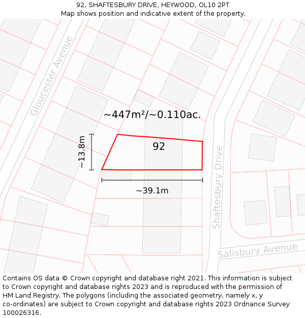 92, SHAFTESBURY DRIVE, HEYWOOD, OL10 2PT: Plot and title map