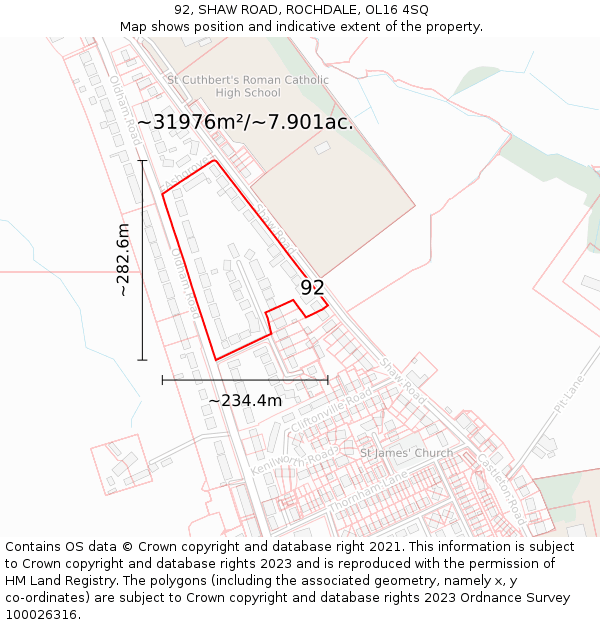 92, SHAW ROAD, ROCHDALE, OL16 4SQ: Plot and title map