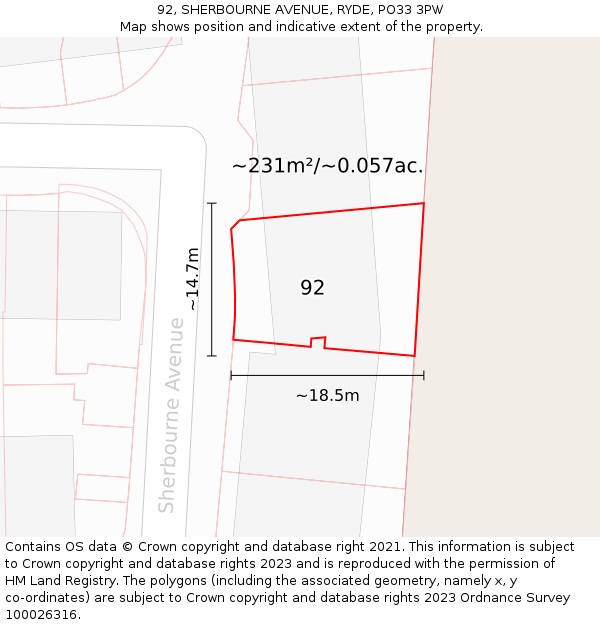 92, SHERBOURNE AVENUE, RYDE, PO33 3PW: Plot and title map