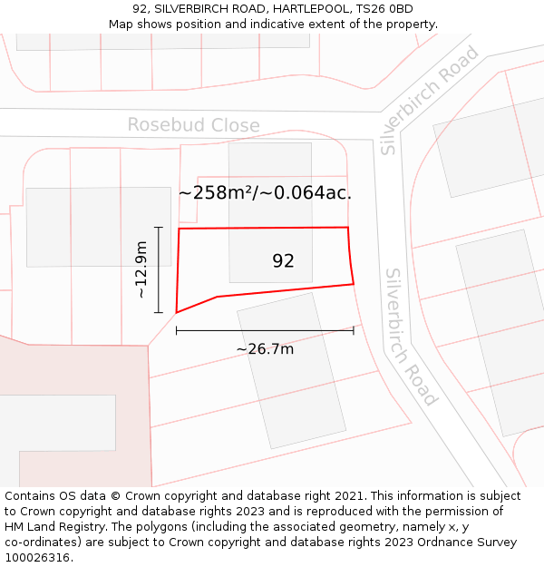 92, SILVERBIRCH ROAD, HARTLEPOOL, TS26 0BD: Plot and title map