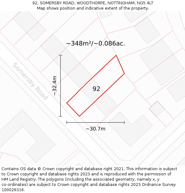 92, SOMERSBY ROAD, WOODTHORPE, NOTTINGHAM, NG5 4LT: Plot and title map