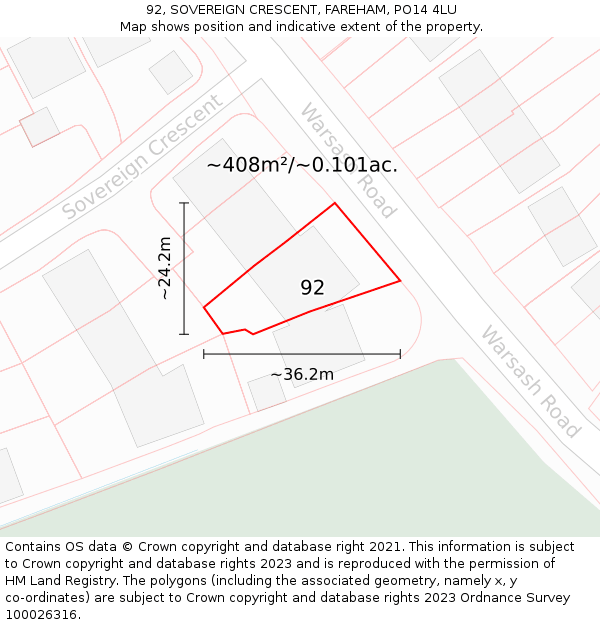 92, SOVEREIGN CRESCENT, FAREHAM, PO14 4LU: Plot and title map