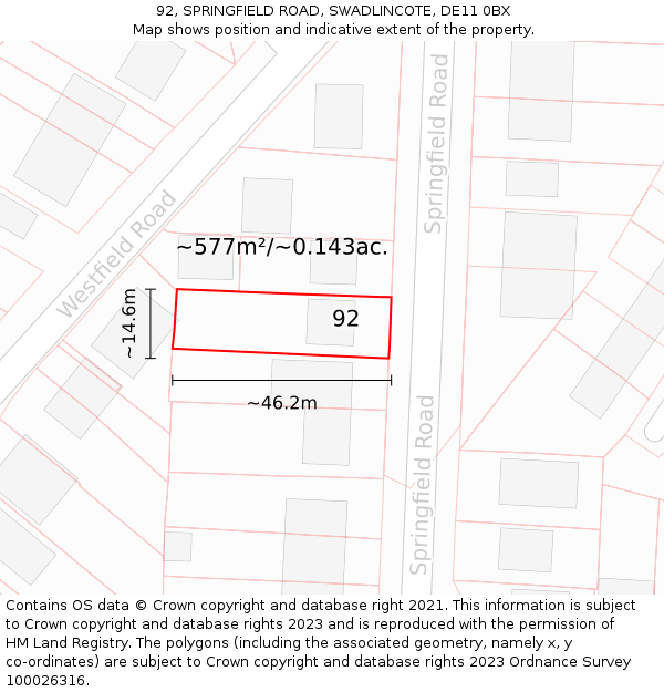 92, SPRINGFIELD ROAD, SWADLINCOTE, DE11 0BX: Plot and title map