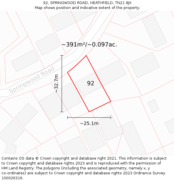 92, SPRINGWOOD ROAD, HEATHFIELD, TN21 8JX: Plot and title map