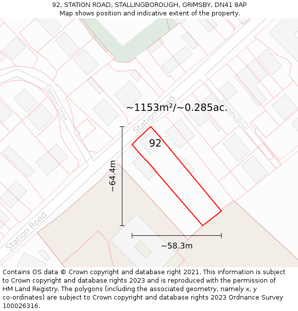 92, STATION ROAD, STALLINGBOROUGH, GRIMSBY, DN41 8AP: Plot and title map